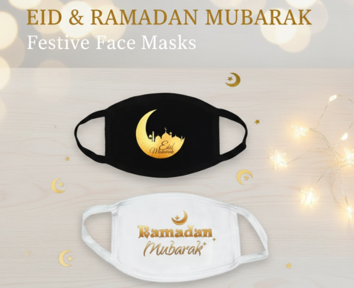 Premium Eid Mubarak & Ramadan Face Mask – Breathable, Reusable Cotton Blend Cloth Mask – Festive Gold Print (Black & White)