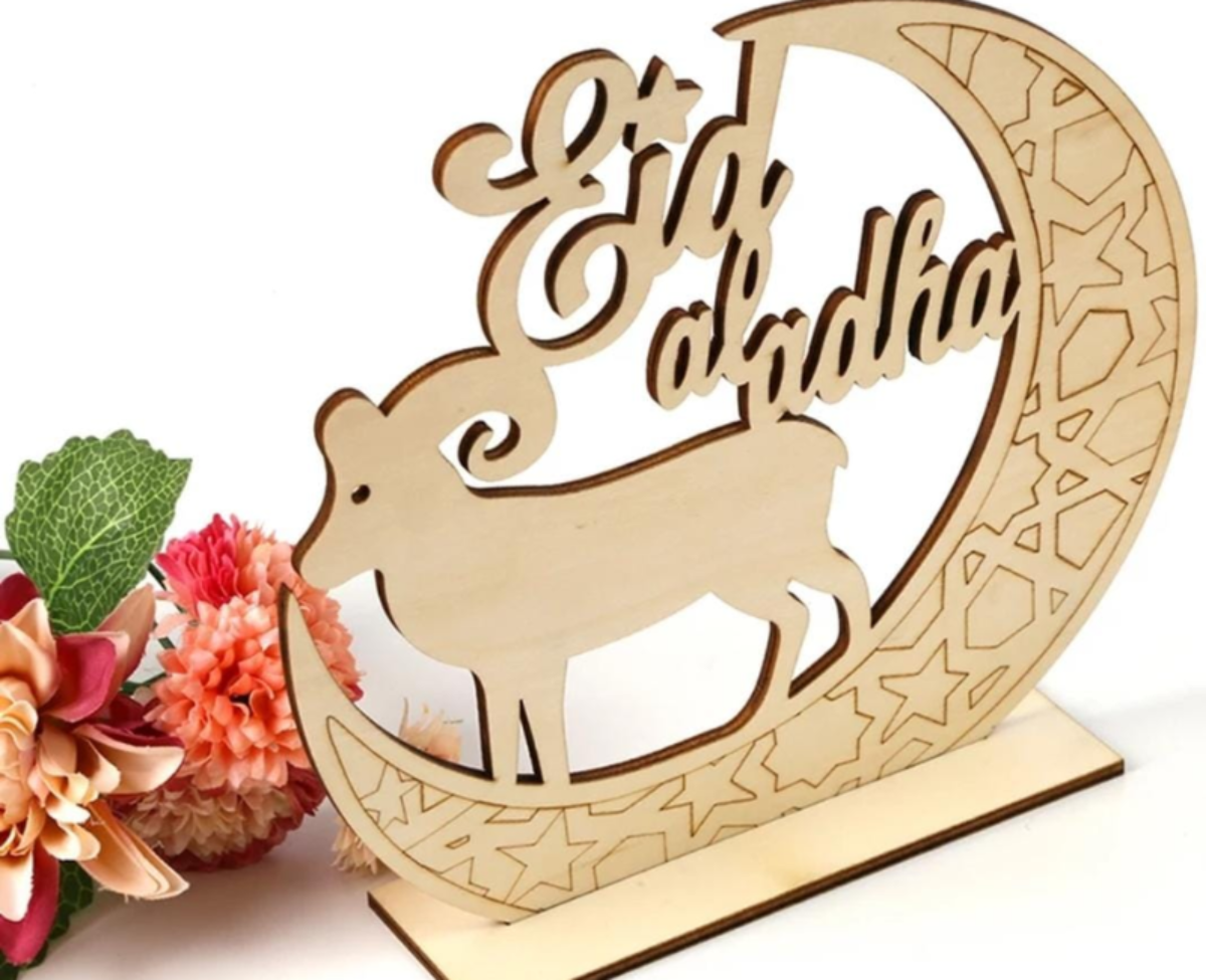 Wooden Eid al-Adha Decoration – DIY Crescent Moon & Sheep Standing Ornament – Islamic Home Decor, Festival Tablepiece & Kids' Craft Gift