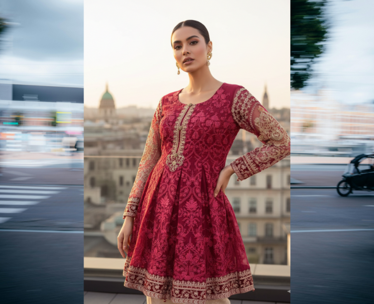 Magenta Embroidered Net Peplum Tunic – Heavy Zari & Gold Thread Work Pakistani Style Formal Kurti