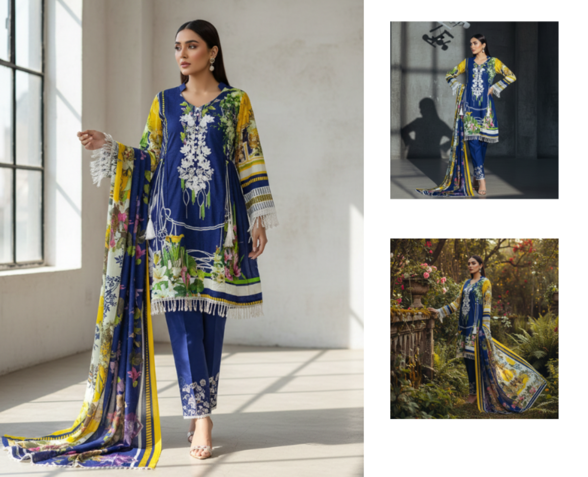Pakistani Premium Floral Linen 3-Piece Suit – Azure Blue & Sunflower Yellow