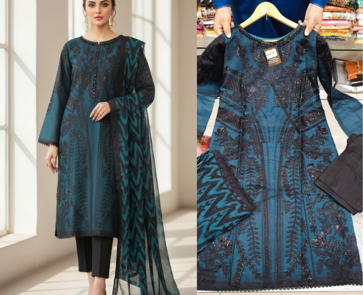 Luxurious Teal Blue Embroidered Chiffon 3-Piece Suit – Heavy Sequin Work & Digital Print Dupatta