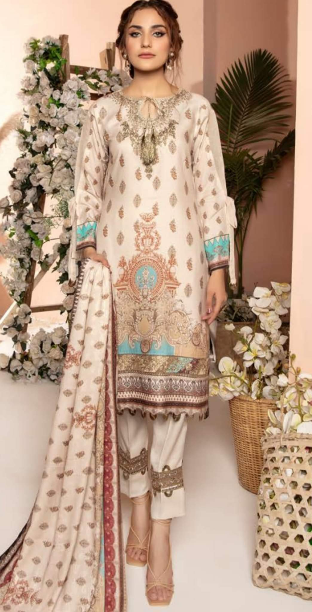 Luxury Off-White Embroidered 3-Piece Pakistani Suit – Turquoise & Gold Embellished Lawn Set