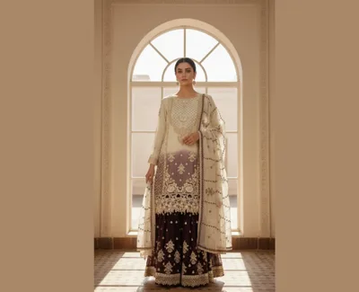 Luxury Ombre Embroidered Gharara Suit – Cream & Deep Plum Chiffon 3-Piece Festive Set