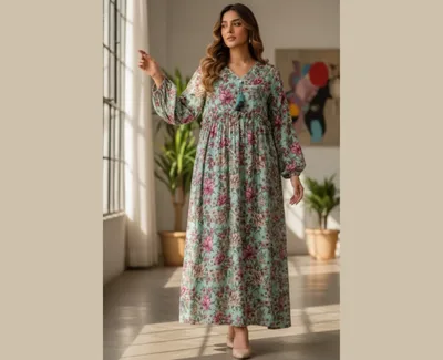 Zellbury Essential Mint Green Floral Printed Lawn Long Frock with Tassels