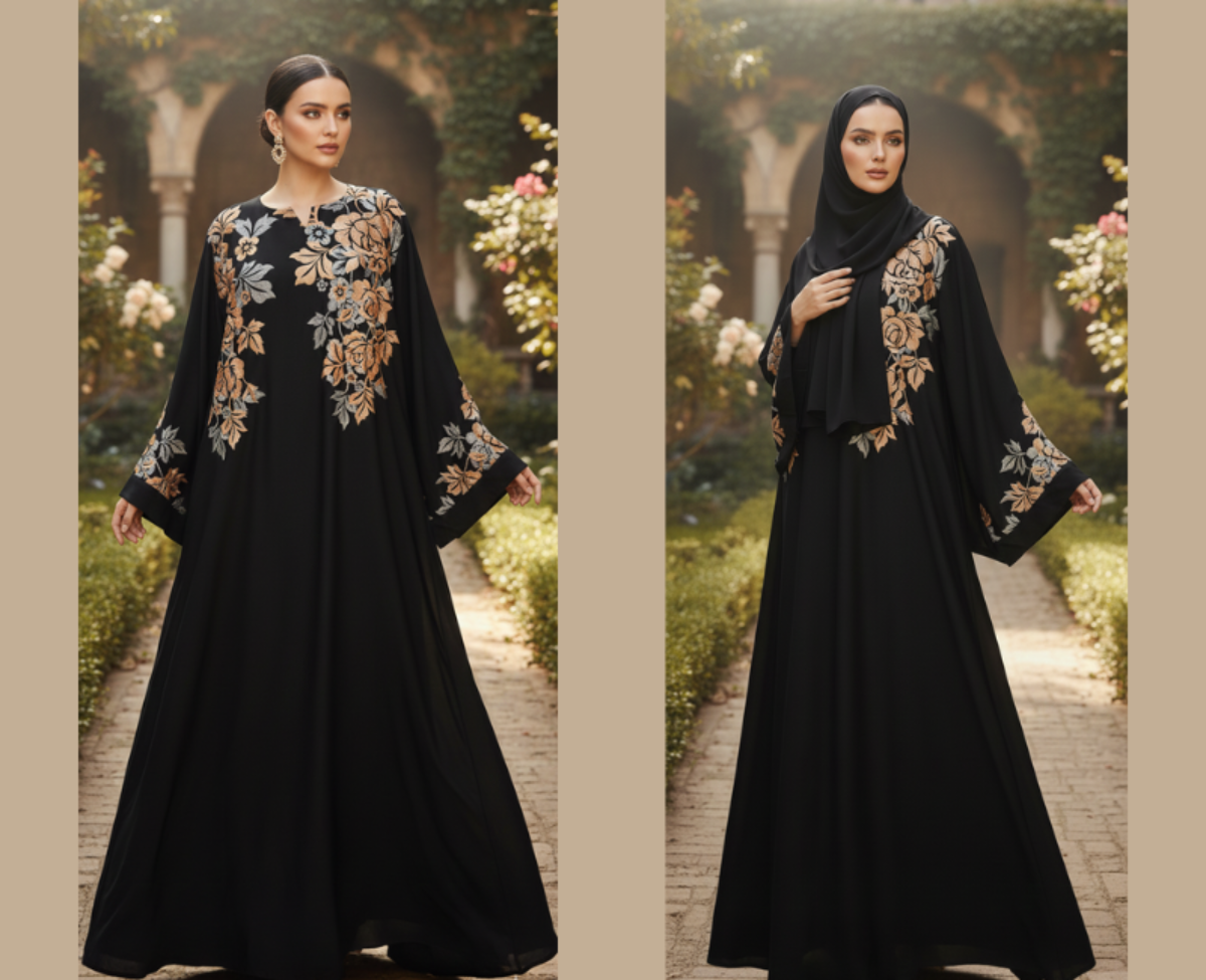 Luxurious Black Embroidered Abaya – Gold & Silver Floral Kaftan with Wide Sleeves
