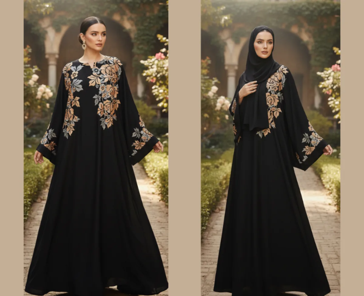 Luxurious Black Embroidered Abaya – Gold & Silver Floral Kaftan with Wide Sleeves