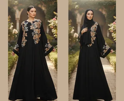 Luxurious Black Embroidered Abaya – Gold & Silver Floral Kaftan with Wide Sleeves