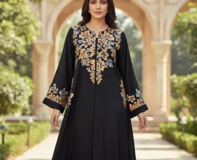 Luxury Black Embroidered Abaya – Elegant Floral Gold & Silver Thread Work Kaftan