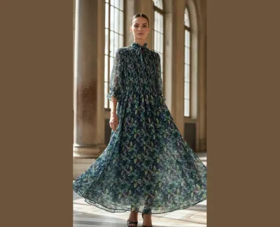 Tropical Floral Smocked Maxi Dress – Long Sleeve Chiffon Boho Gown in Teal & Navy