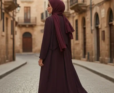Elegant Burgundy Back-Cinched Abaya – Tailored Modest Maxi Coat with Eyelet Detail