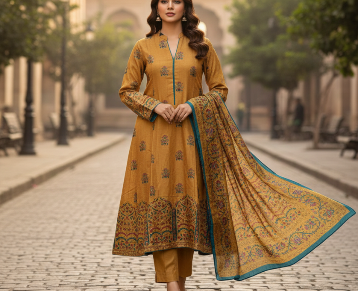 Mustard Yellow Floral Print Raw Silk 3-Piece Suit – Embroidered Border & Dupatta Set