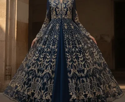 Midnight Navy Embroidered Net Anarkali Gown with Heavy Zari Work – Festive Bridal Wear