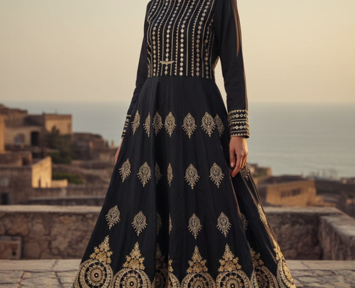 Elegant Black & Gold Embroidered Anarkali Kurta with Gota Patti Work – Traditional Ethnic Wear for Occasions
