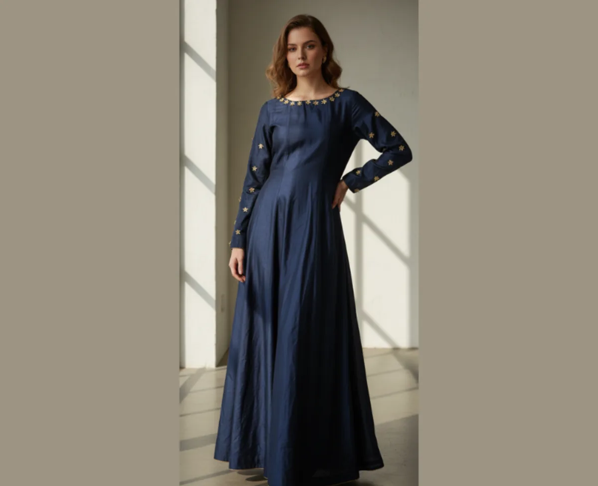 Navy Blue Raw Silk Maxi Dress with Gold Star Embellishments | Elegant Evening Anarkali Gown