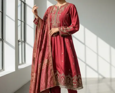 J. Formals Deep Red Embroidered Raw Silk 3-Piece Suite – Elegant Festive Wear
