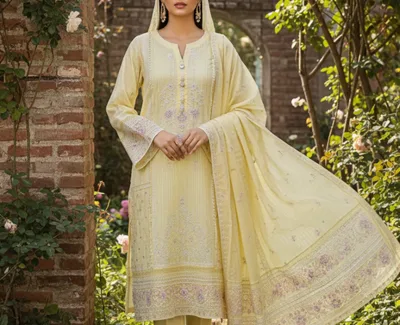 Pastel Yellow 3-Piece Embroidered Chikankari Suit with Floral Lace Details - J. Pret Collection