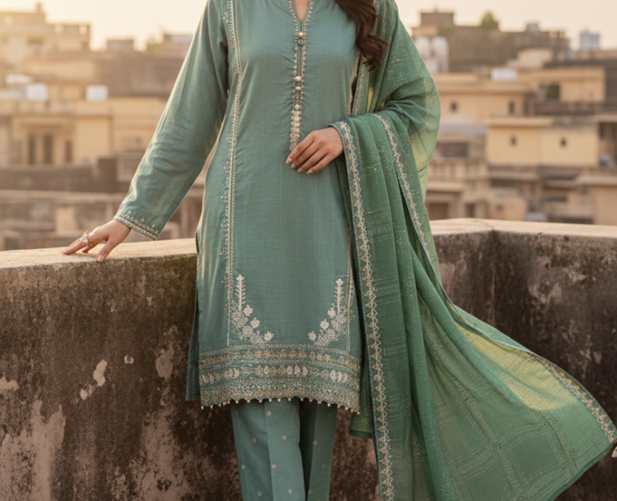 Khaadi Sage Green 3-Piece Embroidered Cotton Slub Suit