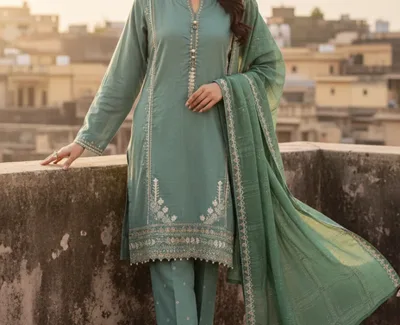 Khaadi Sage Green 3-Piece Embroidered Cotton Slub Suit