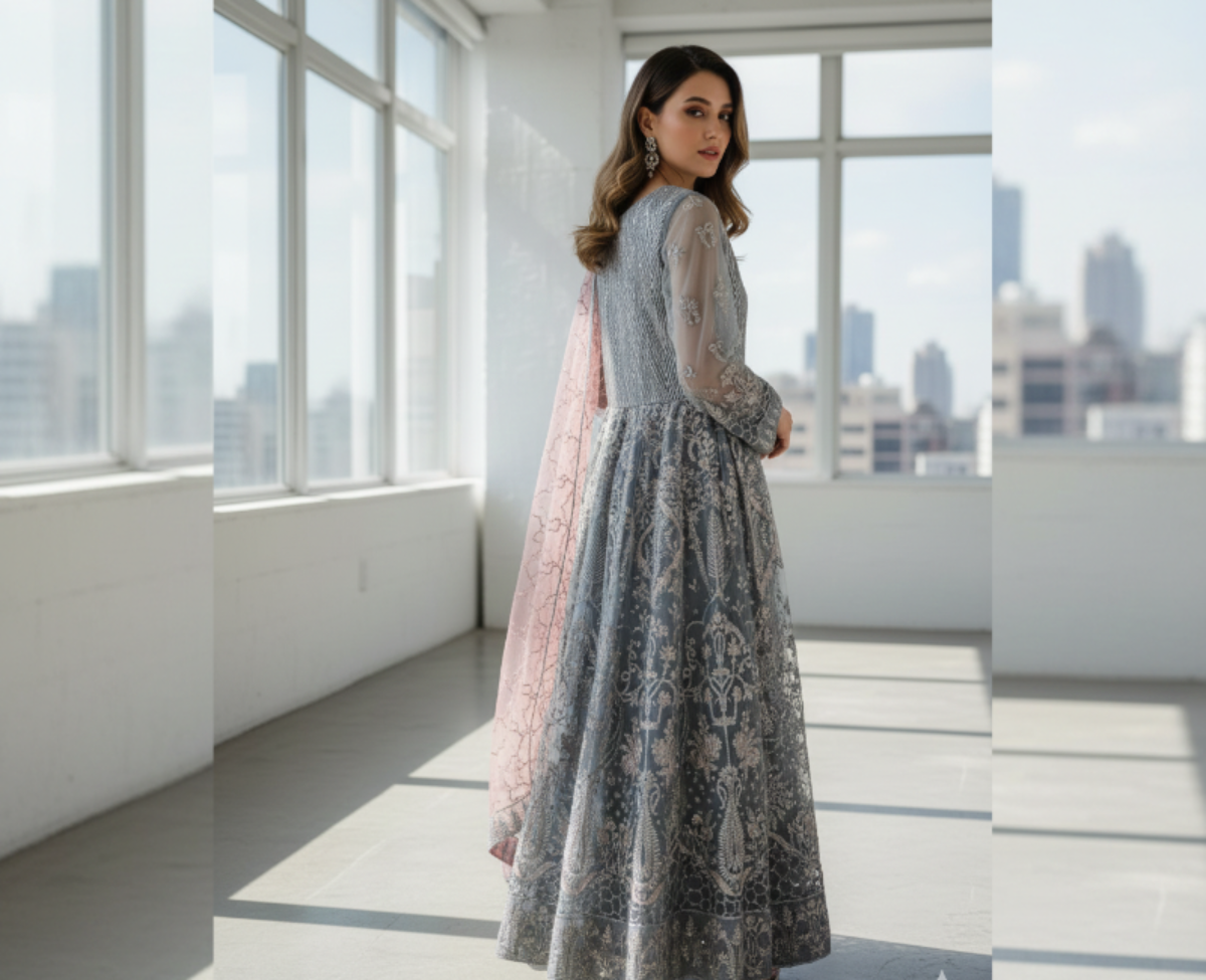 3-Piece Embroidered Slate Grey Net Maxi Dress with Pink Sequin Dupatta & Silk Trousers