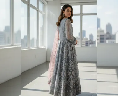 3-Piece Embroidered Slate Grey Net Maxi Dress with Pink Sequin Dupatta & Silk Trousers