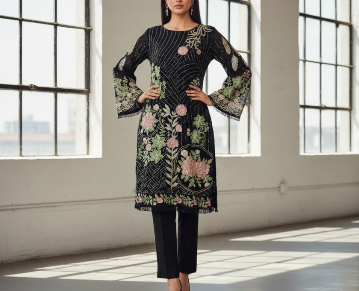 Luxury Black Embroidered Georgette Party Wear Kurti – Handcrafted Floral Sequin & Zari Work Formal Shirt