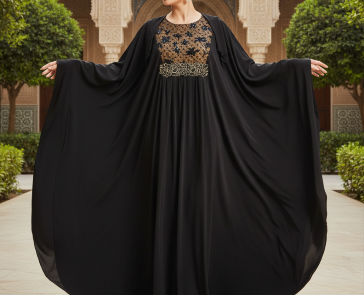 Elegant Black Butterfly Abaya with Gold Floral Lace Embroidery & Sequin Work – Farasha Style Modest Wear
