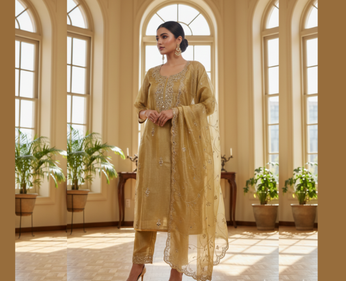 Elegant Gold Tissue Mirror Work Salwar Kameez - Handcrafted Sheesha & Gota Patti Festive Suite with Scalloped Dupatta