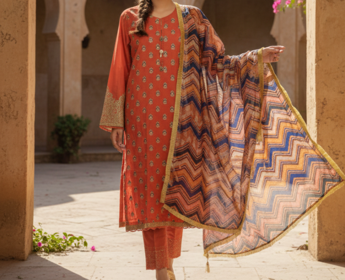 Khaadi 3-Piece Embroidered Cotton Lawn Suit with Zari Work & Chevron Dupatta – Rust Orange