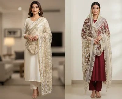 Premium Embroidered Ivory Net Dupatta with Scalloped Borders – Floral Mesh Wrap for Weddings & Festive Wear