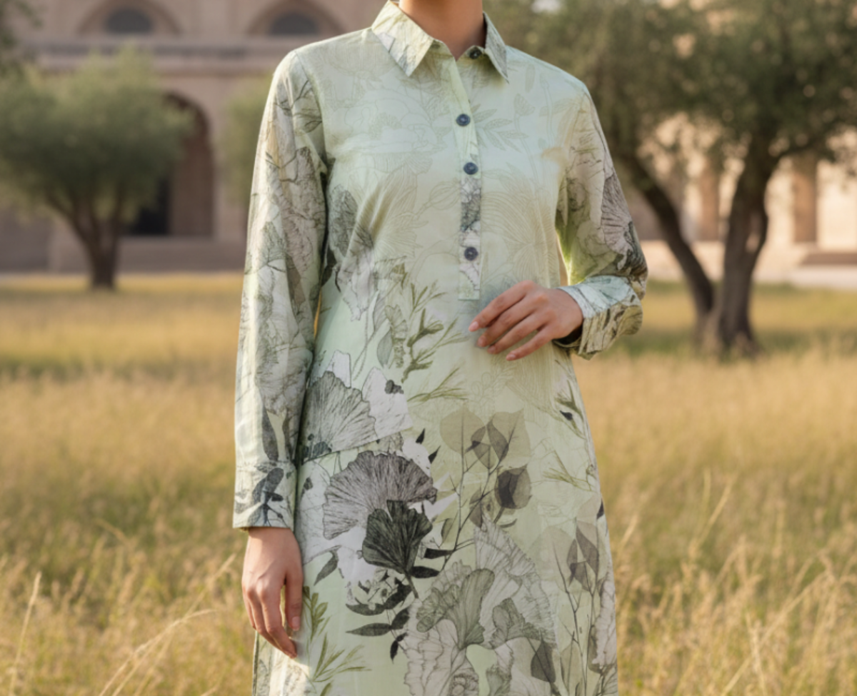 Ideas Pret Floral Printed Lawn Shirt - Pastel Green