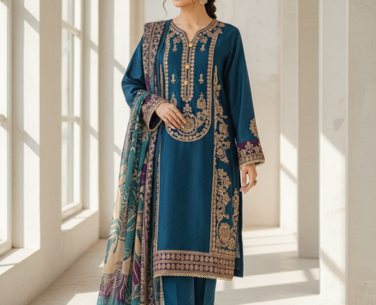 Teal Blue Embroidered Soft Khadder 3-Piece Suit with Purple Velvet Accents