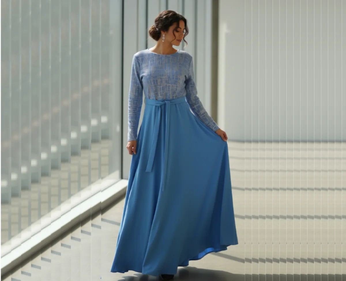 Women’s Shimmer Metallic Grid Long Sleeve Maxi Dress with Waist Tie – Cornflower Blue – Size Small