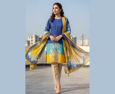 Vibrant Tri-Color Floral Embroidered 3-Piece Lawn Suit with Chiffon Dupatta