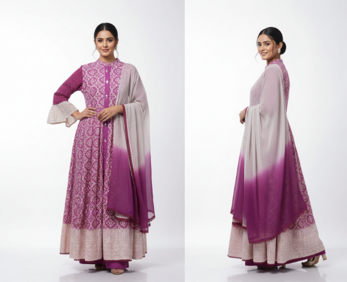 Premium Magenta 3-Piece Printed Lawn Frock Suit with Chikankari Border & Bell Sleeves