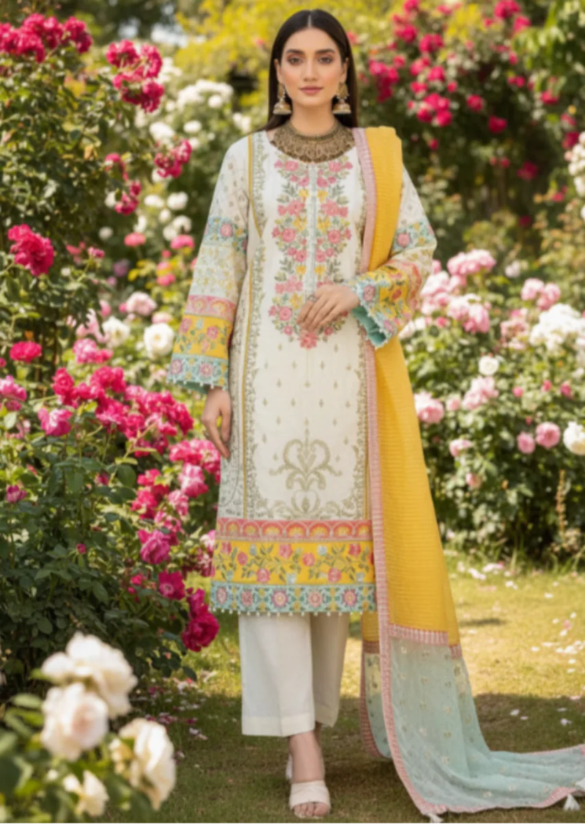 Karma Collection Embroidered 3-Piece Lawn Suit - Floral Cream & Mustard