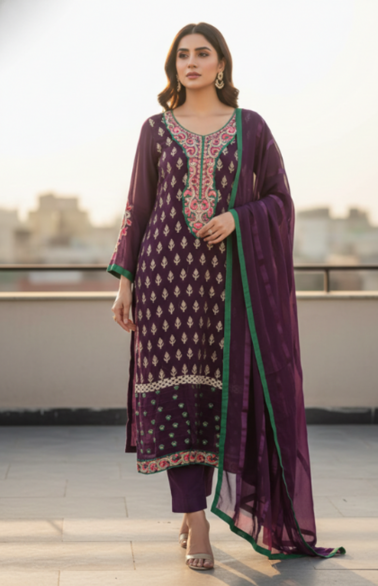 Deep Plum Purple Embroidered Georgette 3-Piece Salwar Kameez Suit with Contrast Green Accents