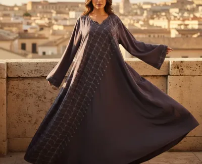 Elegant Mauve Embroidered Abaya – Asymmetrical Floral Vine Design with Bell Sleeves
