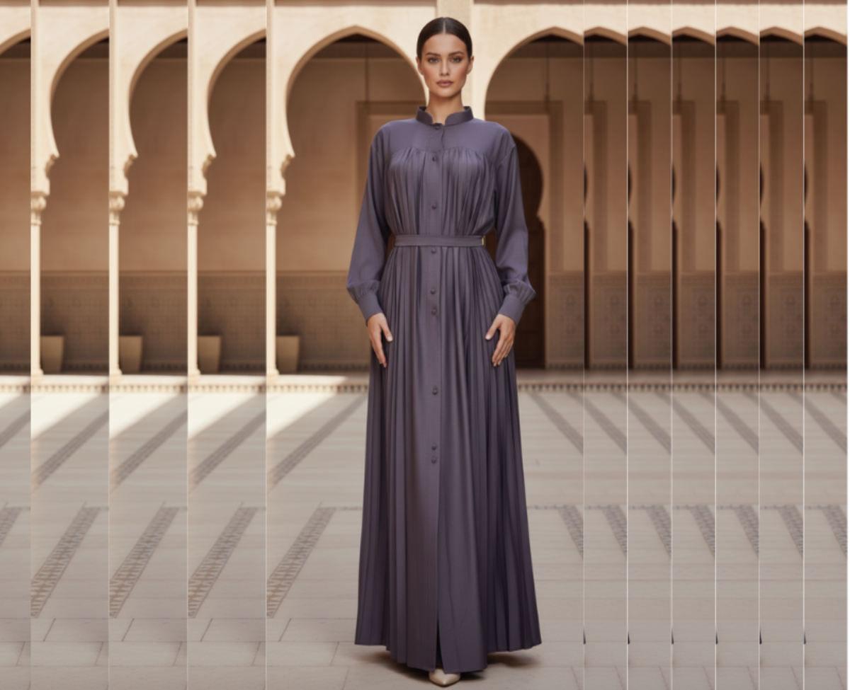 Elegant Mauve Pleated Silk-Crepe Abaya with Waist Tie and Mandarin Collar