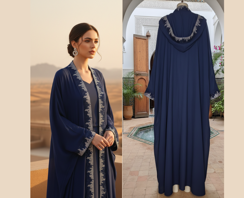 Midnight Blue Butterfly Kaftan Abaya – Elegant 2-Piece Set with Silver Crystal Embellishments