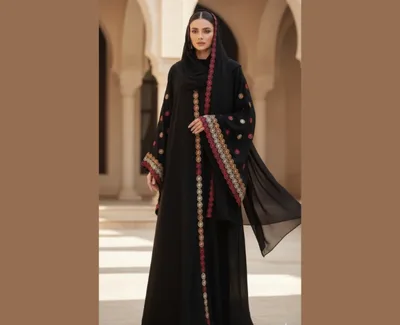 Elegant Black Floral Embroidered Abaya Set with Matching Sheila – Premium Nida Fabric