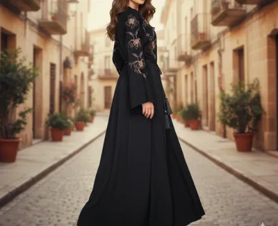 Evergreen Floral Embroidered Abaya – Luxury Black Bell-Sleeve Modest Maxi Gown