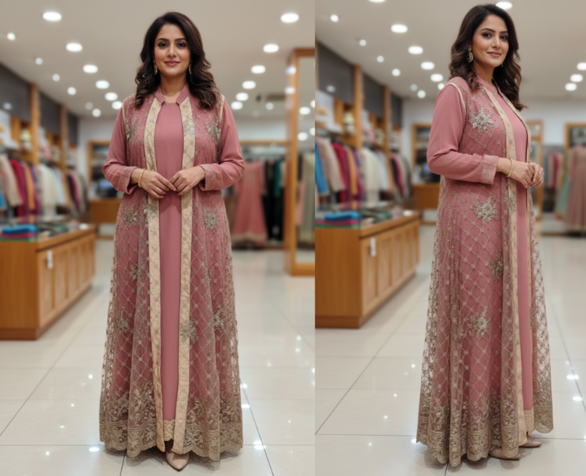 Elegant Mauve Raw Silk Gown with Intricate Floral Embroidered Net Overlay Jacket – 2-Piece Festive Set
