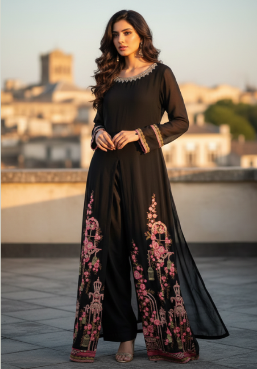Elegant Black Chiffon Embroidered Long Kurta with Front Slit and Plain Salwar Set