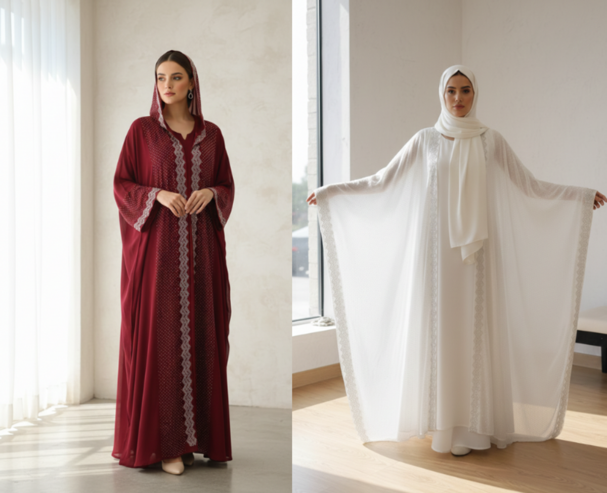 Luxury Bridal Butterfly Abaya – Elegant Hand-Beaded Chiffon Kaftan with Intricate Stonework