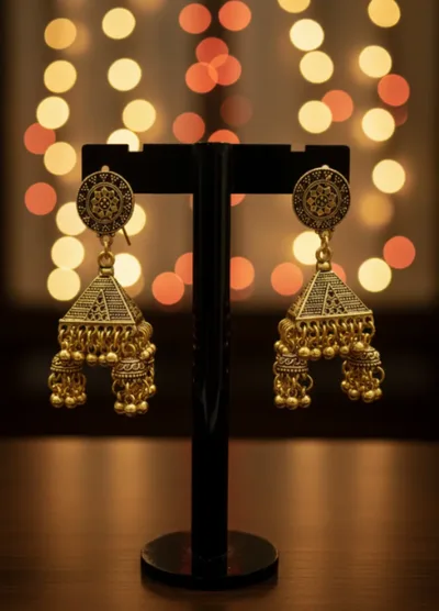 Traditional Gold-Plated Antique Jhumka Earrings – Handcrafted Pyramid Style Oxidized Earrings for Women