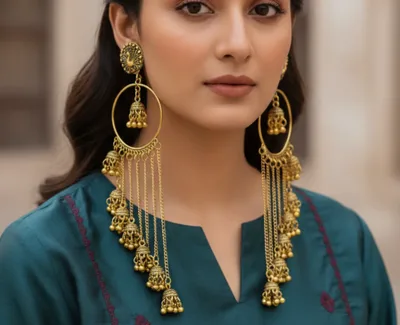Traditional Gold-Plated Peacock Stud Sahari Jhumka Earrings with Long Tiered Chains