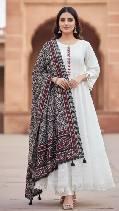 Pure Cotton White Chikankari Anarkali Suit with Ajrak Print Dupatta – 3 Piece Set