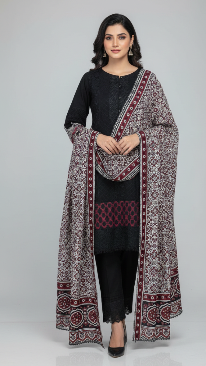 Black Embroidered Pakistani Suit with Traditional Maroon Ajrak Dupatta – 3 Piece Set
