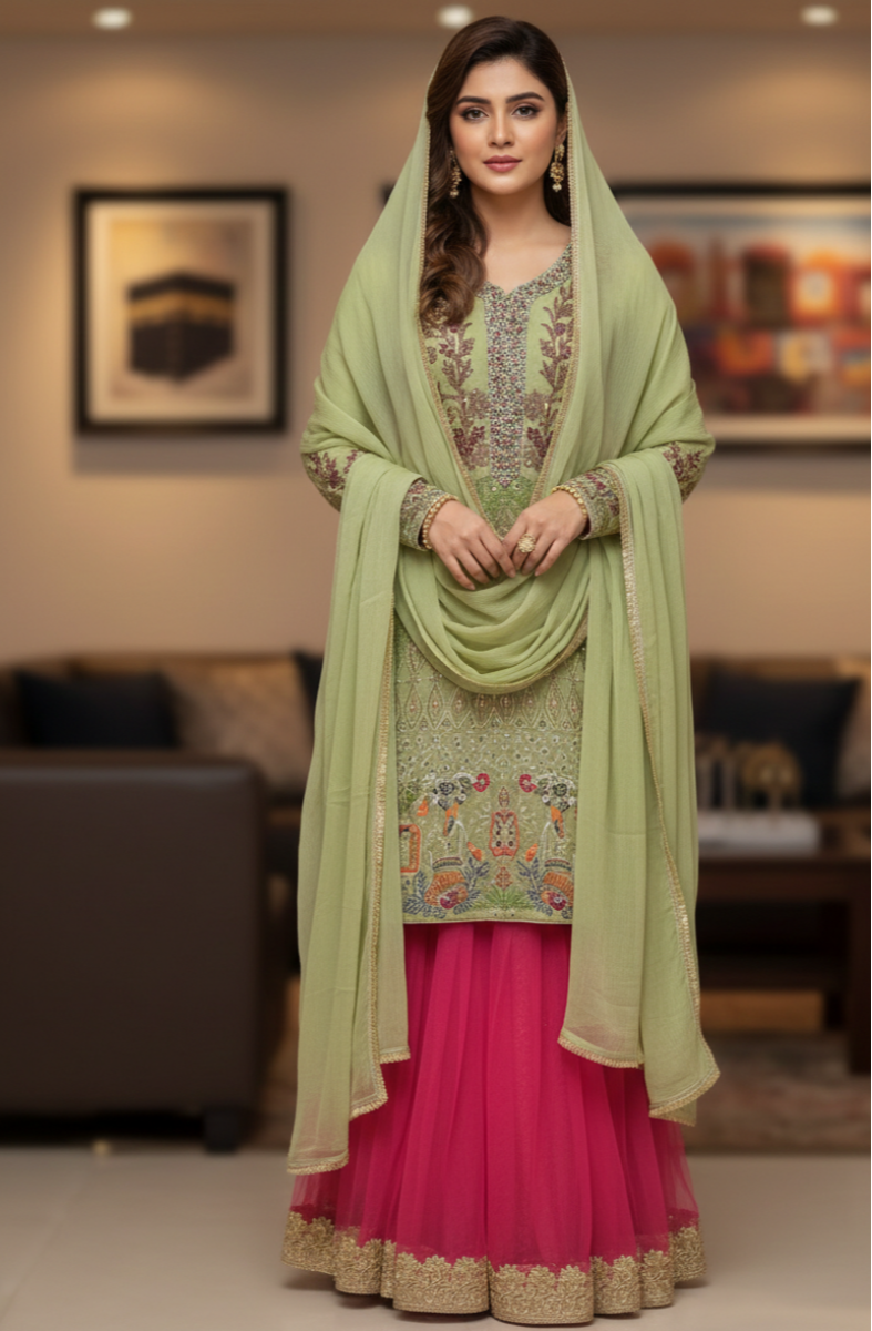 Elegant Sage Green Embroidered Kurta with Magenta Flared Skirt – 3-Piece Festive Set