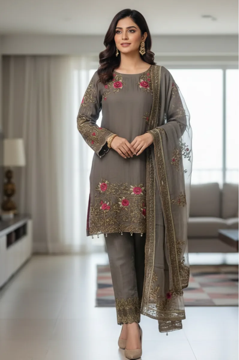 Elegant Charcoal Grey Embroidered Pakistani Suit – Hand-Crafted Floral Zari Work – 3-Piece Festive Wear